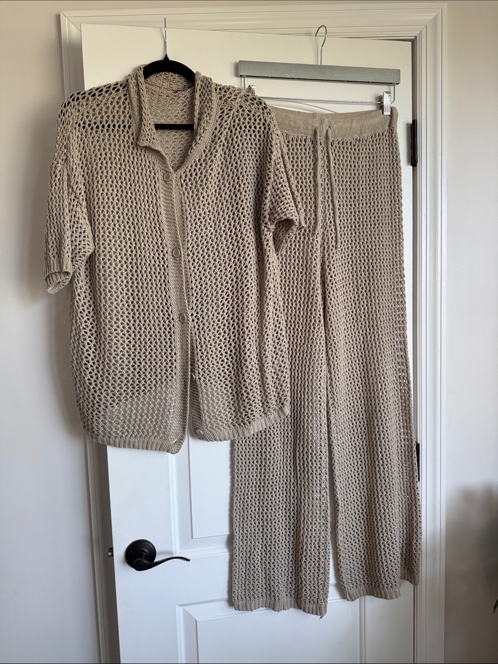 Beige Open-Knit Wide-Leg Pants — Casual Breathable Lounge Style
